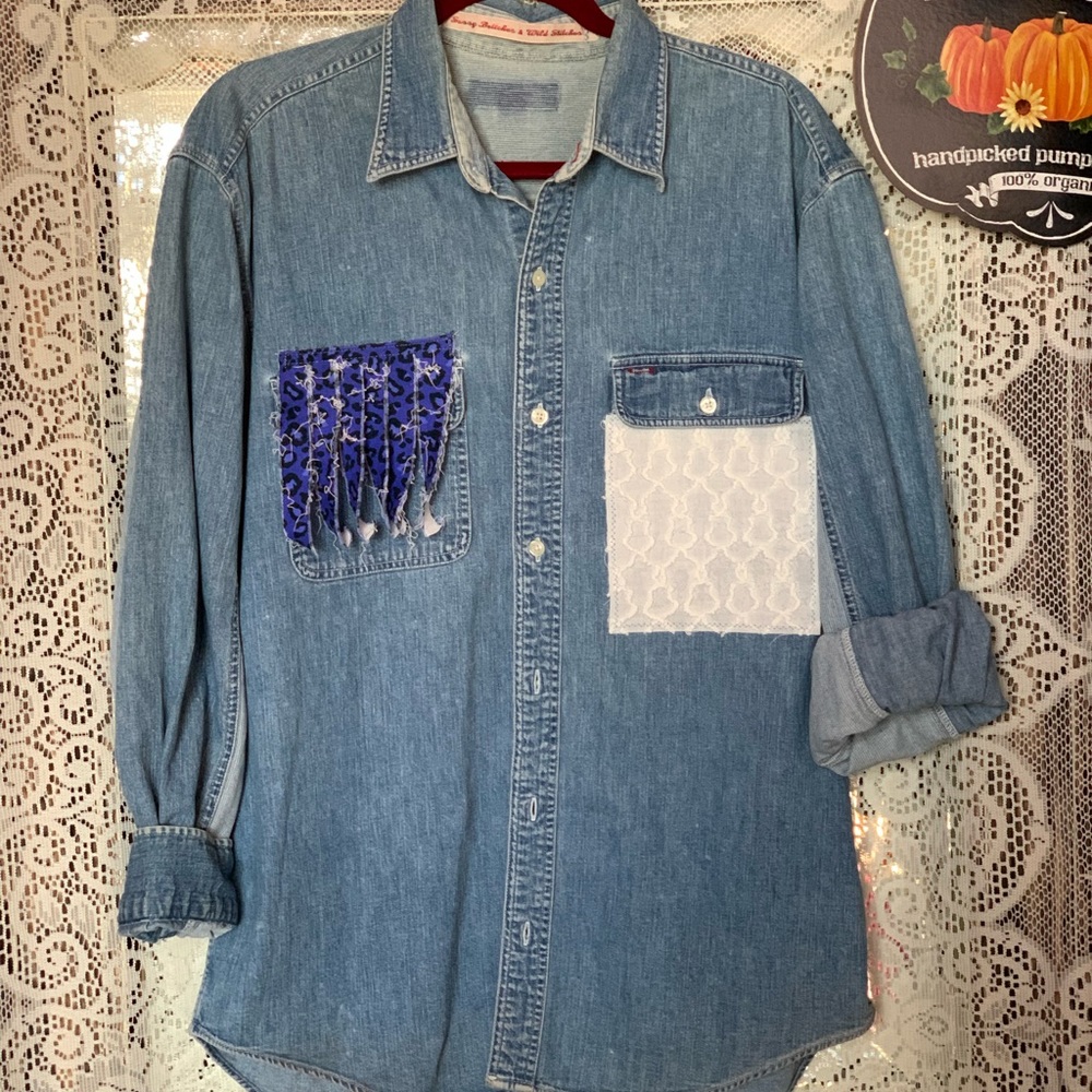 UpCycled Recycled Vintage Denim Shirt Leopard  Fall Pumpkin Boho Y2K Halloween - Picture 3 of 6
